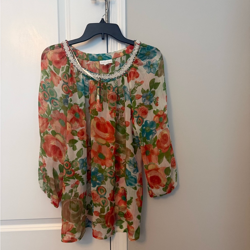 Charter Club Beaded Floral Chiffon Blouse - Coral, Teal & Cream